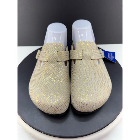 Birkenstock Boston Clogs Shiny Gold Python Eggshell Womens Size 7 Narrow Slip On - Picture 4 of 11